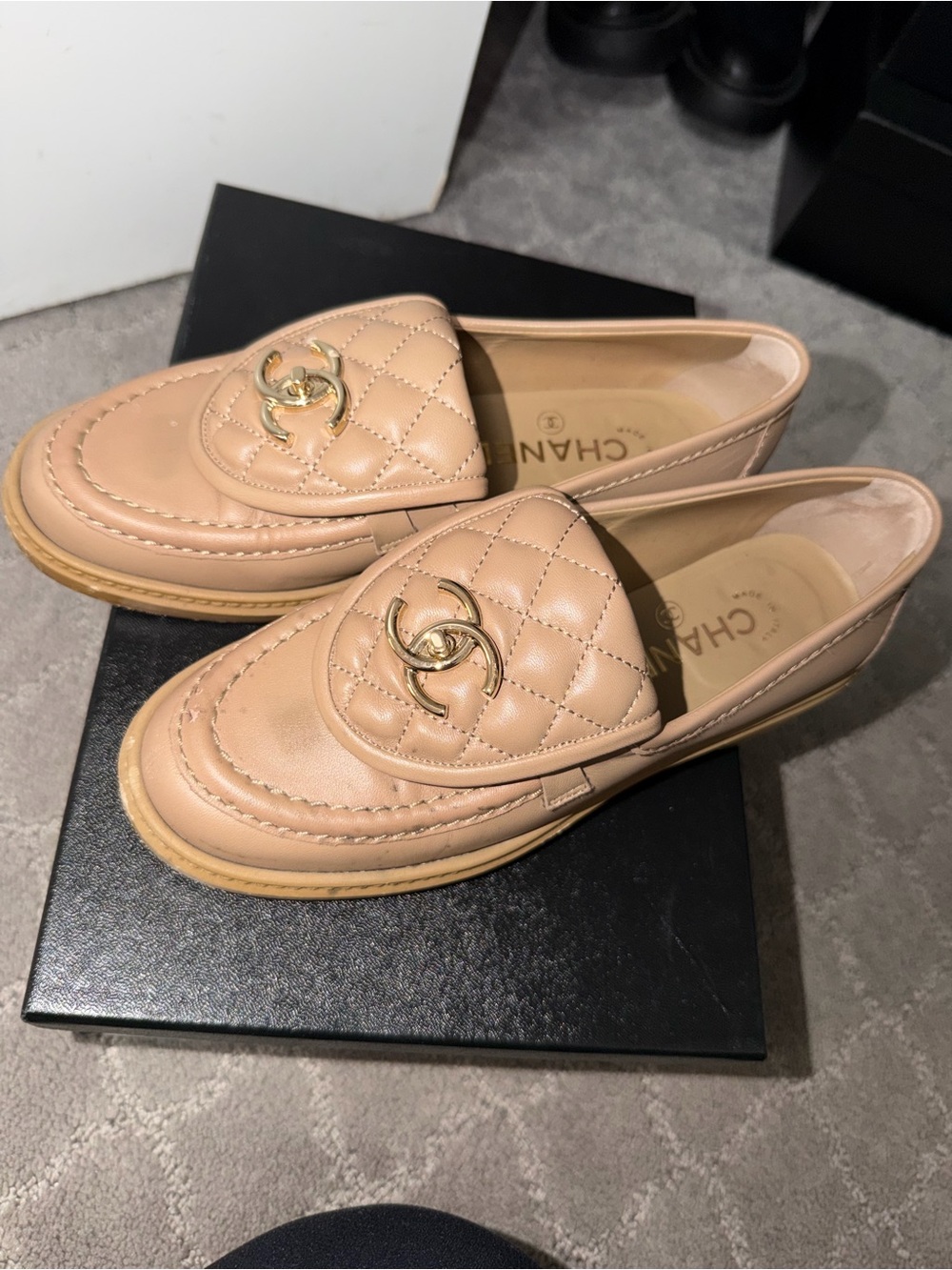 CHANEL Beige turn lock Leather Loafers with Gold CC Logo lightly worn